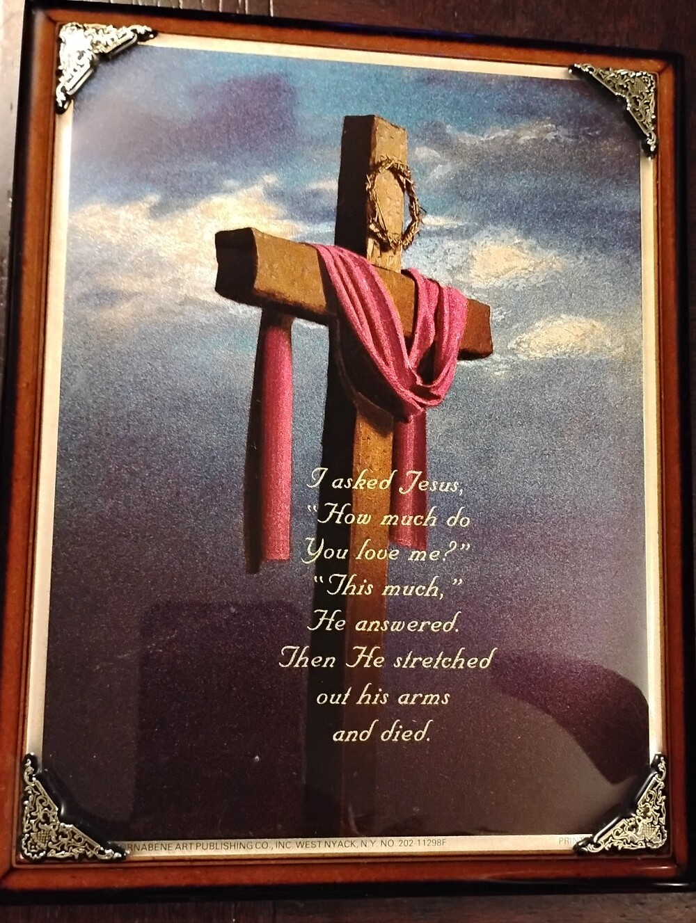 Vintage 1980s Scafa-Tornabene Wood Plaque Art - "I Asked Jesus" Cross Poem Foil